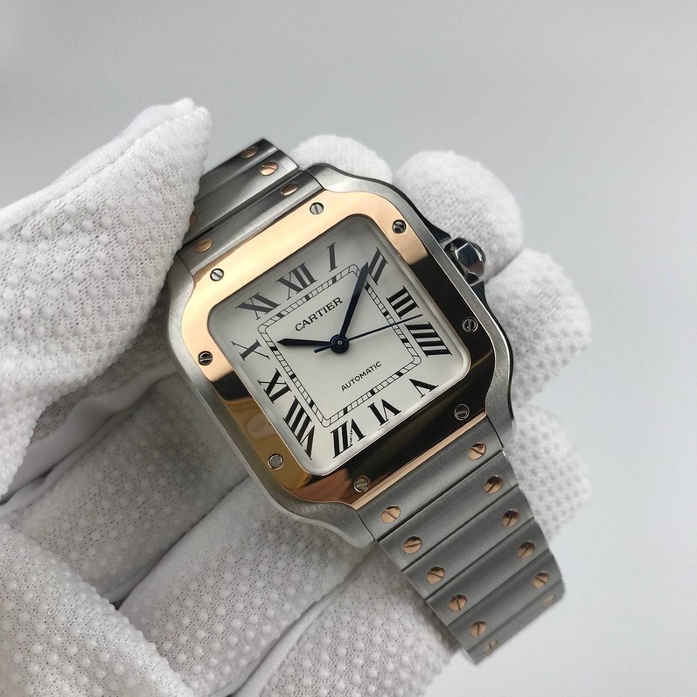 Cartier Santos Ladies Rose Gold Two-Tone Silver Opaline Dial