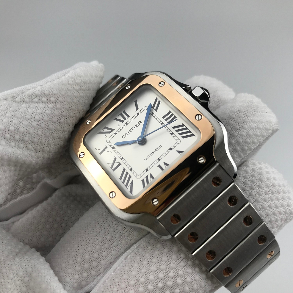 Cartier Santos Ladies Rose Gold Two-Tone Silver Opaline Dial